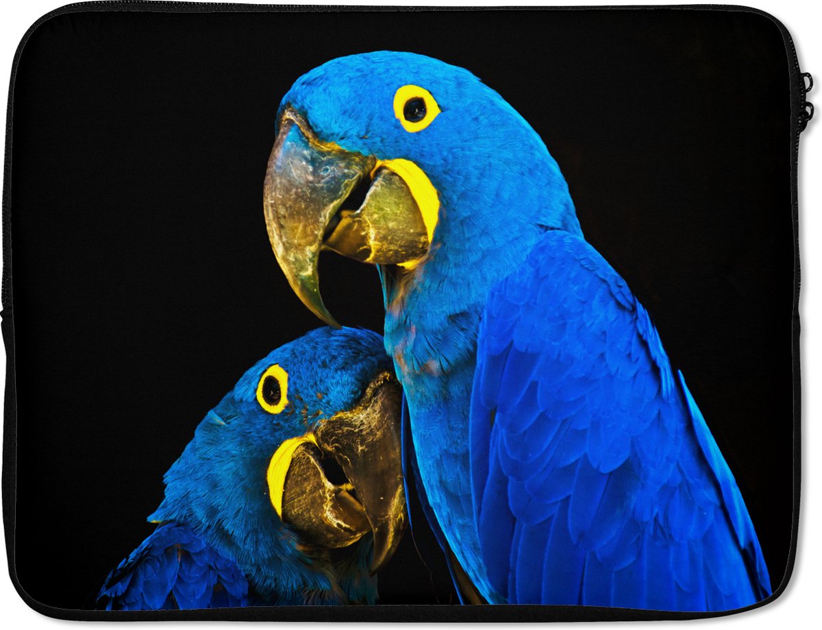 Laptophoes 17 inch - Papegaai - Vogel - Veren - Blauw - Laptop sleeve - Binnenmaat 41x28 cm - Zwarte achterkant