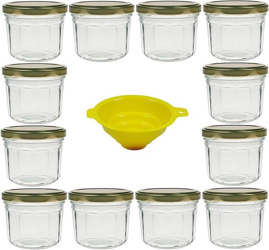 Jampotjes met deksel - 12 ronde inmaakpotten in facet-look 240 ml - gele vultrechter - html content nodig jampotjes met deksel