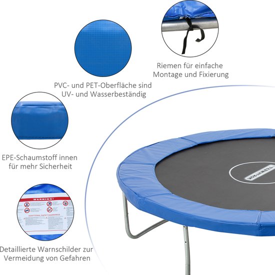 Blauwe trampoline rand met details over UV- en waterbestendigheid, EPE-schuim en bevestigingsriemen.