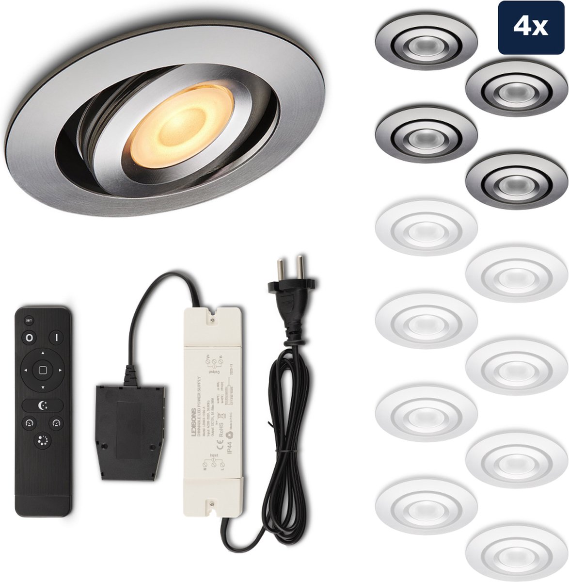 Ledisons Piccolo Set met 4 zilveren LED inbouwspots en afstandsbediening dimbaar 3 jaar garantie 2700K (extra warm-wit) 200 Lumen 3W IP44