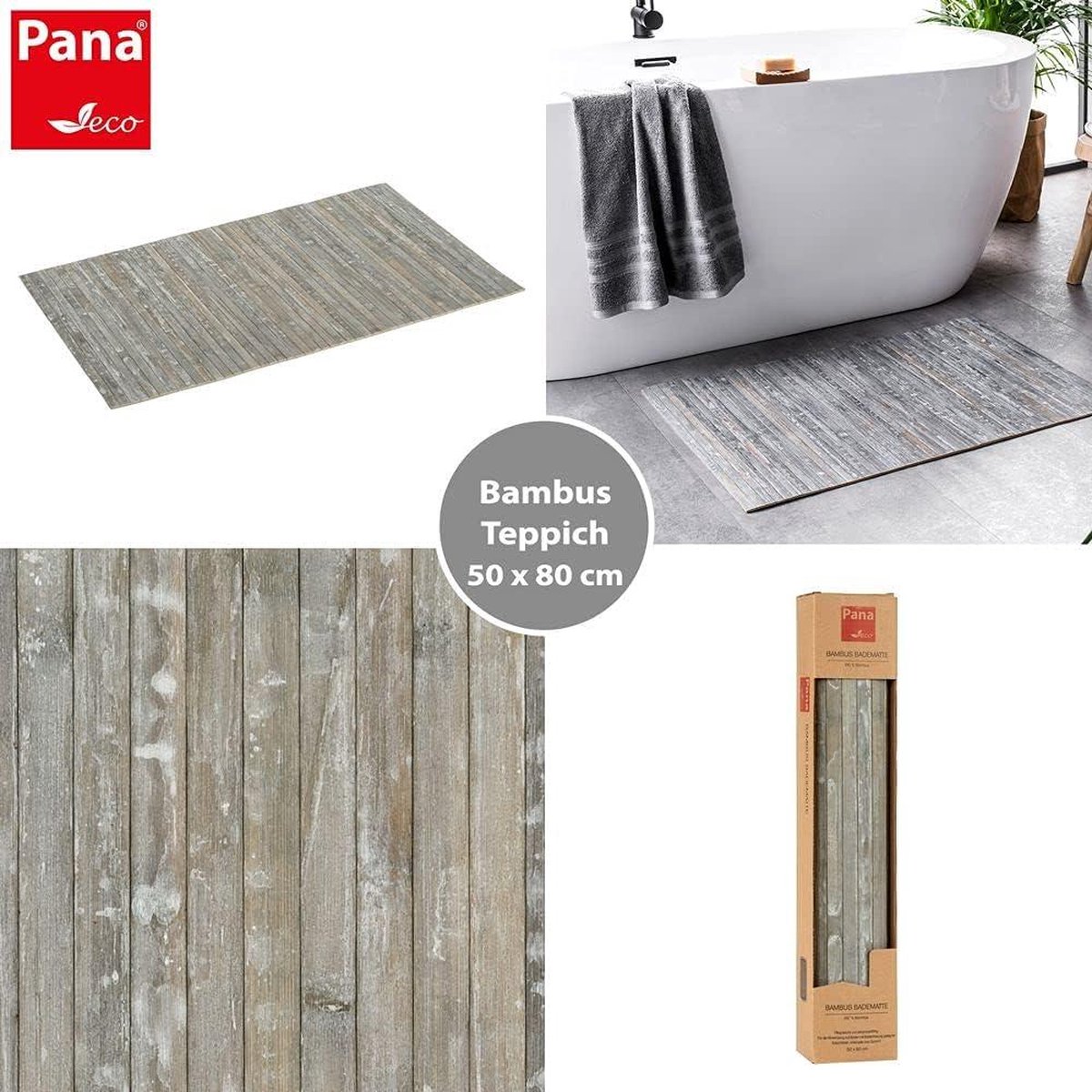 Badmat van bamboe - wasbare bamboemat - houten loper voor badkamer - 100% bamboe - afmeting: 50x80cm - kleur: Stone Grey