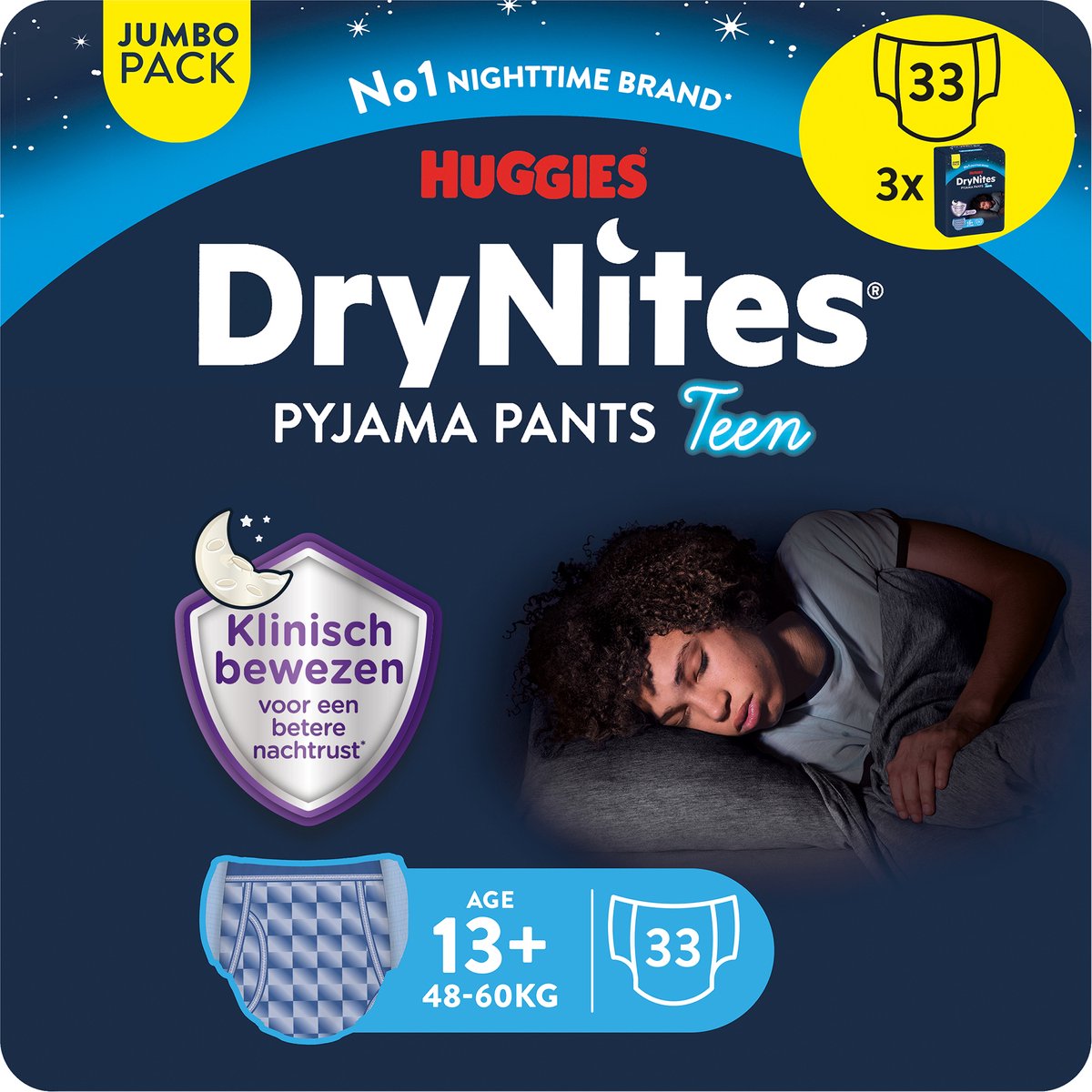 Goedkoopste Huggies DryNites luierbroekjes - jongens - 13 jaar (48 - 60 kg) - 33 nachtbroekjes - Jumbo pack