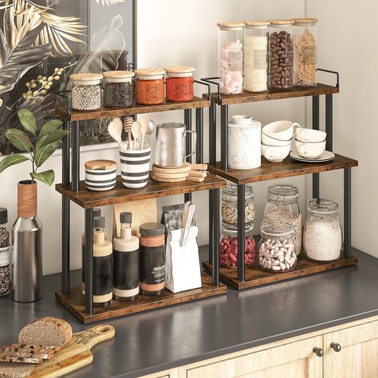 Keuken aanrechtblad hoekplank kruidenrek keukenaccessoires houten kruidenrek driehoek ijzer badkamer hoek bureaublad organizer (2 lagen