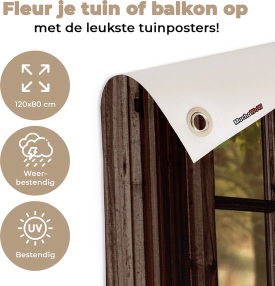 Tuinposter 120x80 cm - Tuindecoratie Herten - Bos - Herfst - Bosdieren - Natuur - Hert - Doorkijk - Poster voor in de tuin - Buiten decoratie - Schutting tuinschilderij - Tuindoek muurdecoratie - Wanddecoratie balkondoek