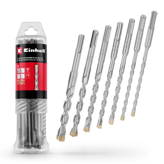 Een transparante kunststof verpakking met een 7-delige Einhell betonborenset, met zeven losse boren ernaast.
