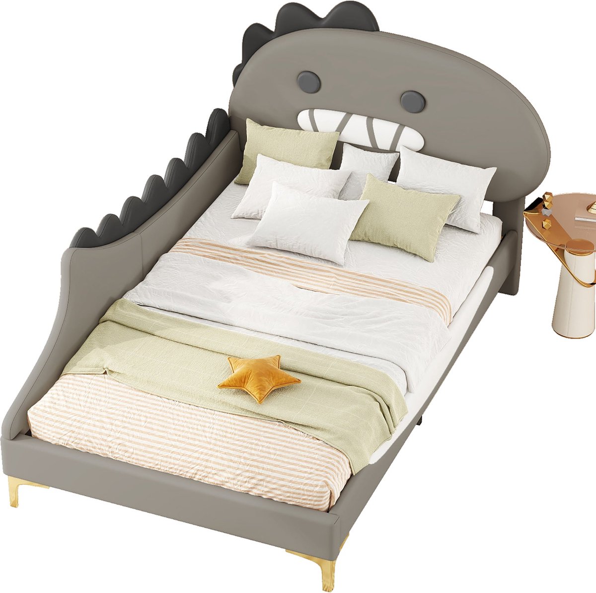Merax Kinderbed 90x200 cm – Grijs Dinosaurus Eenpersoonsbed – PU Kunstleer