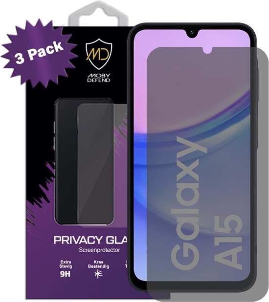Lot de 3 Protecteurs d'écran MobyDefend Samsung Galaxy A15 – Économiseurs d'écran en verre de confidentialité HD – Protections d'écran – Plaques de verre adaptées pour Samsung Galaxy A15
