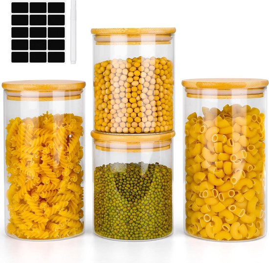 Foto: Set van 4 glazen luchtdichte voorraadpotten met houten deksel voor koffiebonen korrels noten meel pasta spaghetti