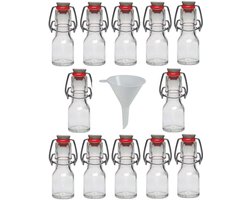 12 x mini glass bottles 50 ml with porcelain bracket closure for filling - small liqueur bottle & oil bottle - incl. funnel Ø 7 cm