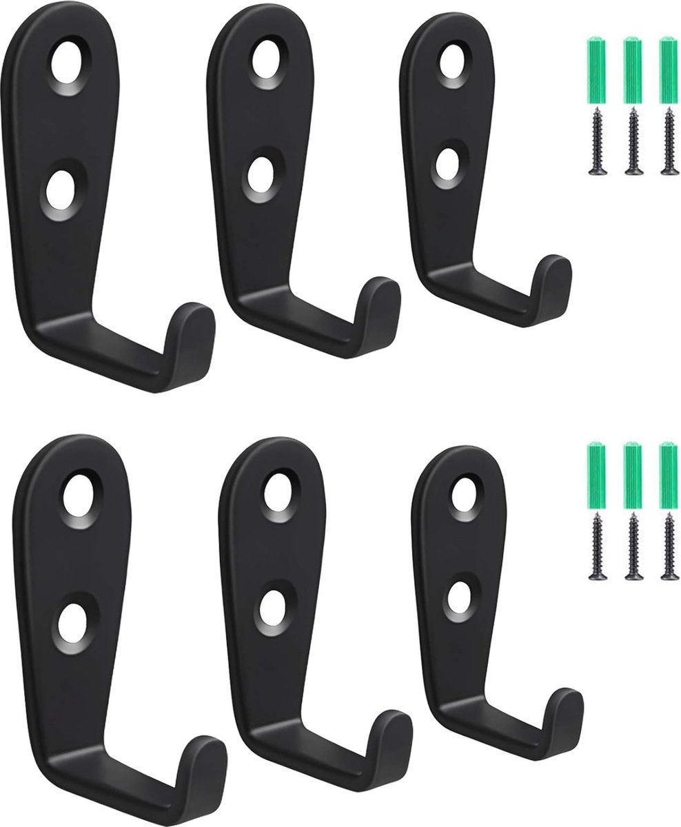 Zware Wandhaken Set van 6 | Dubbele Kapstokken voor Kleding, Hoed, Sjaal, Tas, Handdoek | Inclusief 12 Schroeven