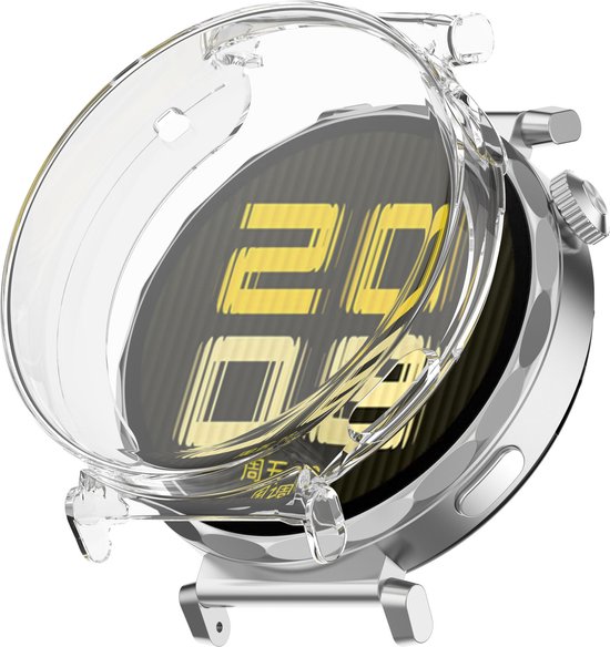 Transparant TPU hoesje opengeklapt over een smartwatch met digitaal display.