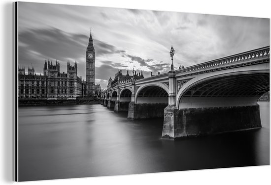 Aluminium schilderij 80x40 cm - Wanddecoratie metaal - Brug - Architectuur - Engeland - Zwart wit - Metalen muurdecoratie woonkamer - Decoratie industrieel - Foto op dibond - Industriële accessoires slaapkamer