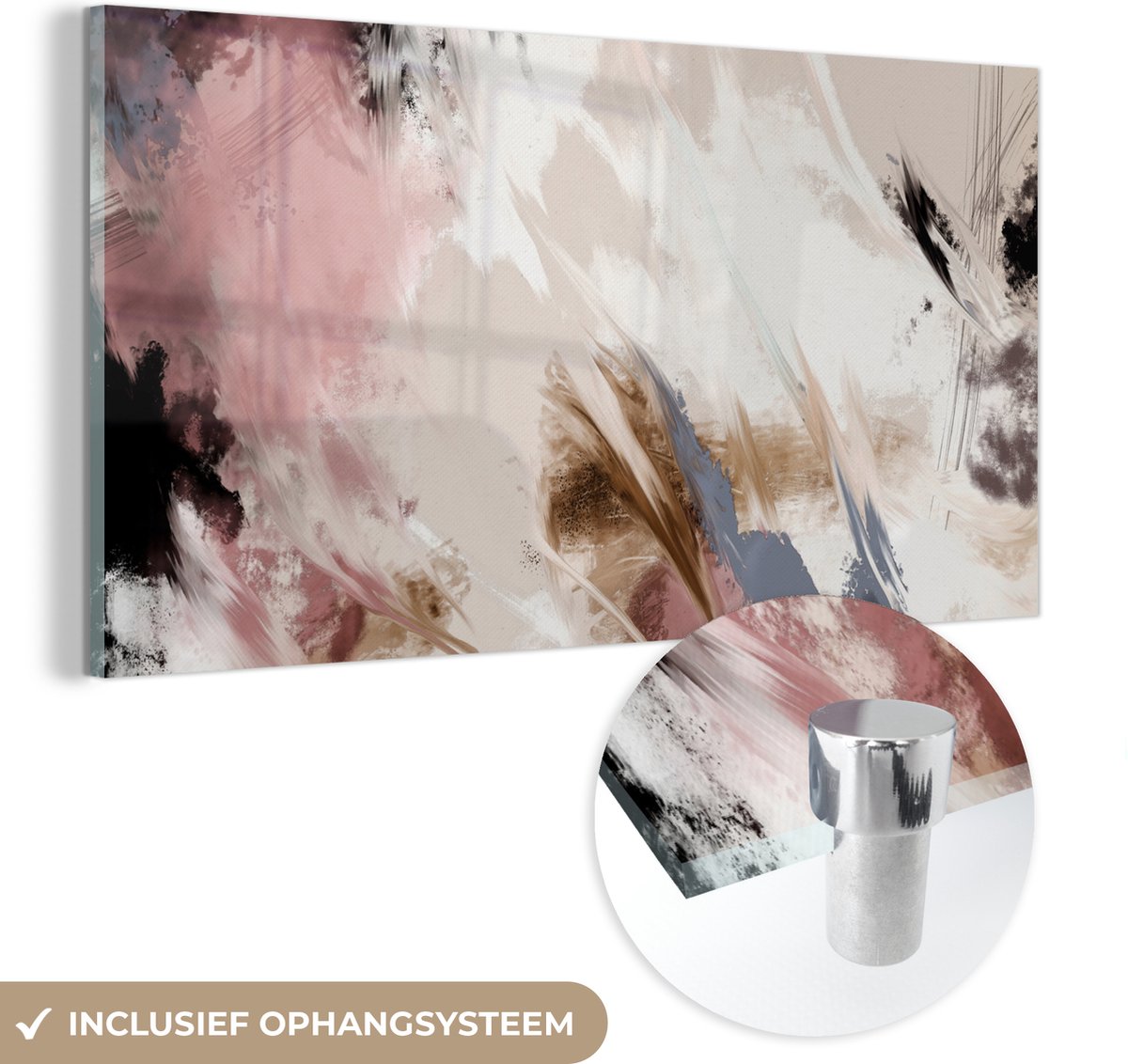 MuchoWow® Glasschilderij 80x40 cm - Schilderij acrylglas - Verf - Abstract - Roze - Wit - Foto op glas - Muurdecoratie woonkamer - Wanddecoratie slaapkamer - Schilderijen