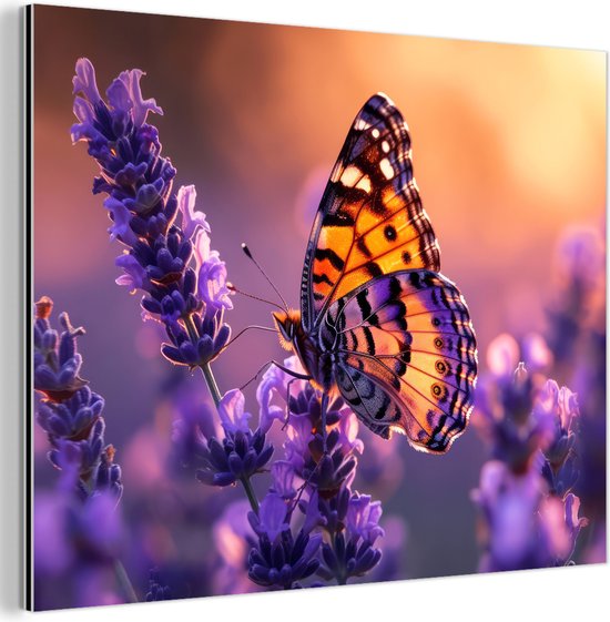 Tableau aluminium 80x60 cm - Décoration murale métal - Fleurs - Papillon - Lavande - Bloem - Nature - Décoration murale métal salon - Décoration industrielle - Photo sur dibond - Accessoires industriels chambre