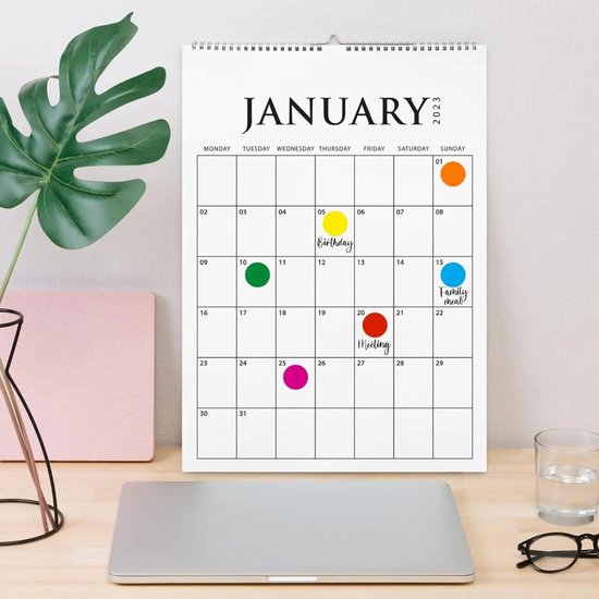 Kalenderpagina met de maand januari 2023, met verschillende gekleurde ronde stickers op de dagen. Er staat 'Birthday' en 'Meeting' op.