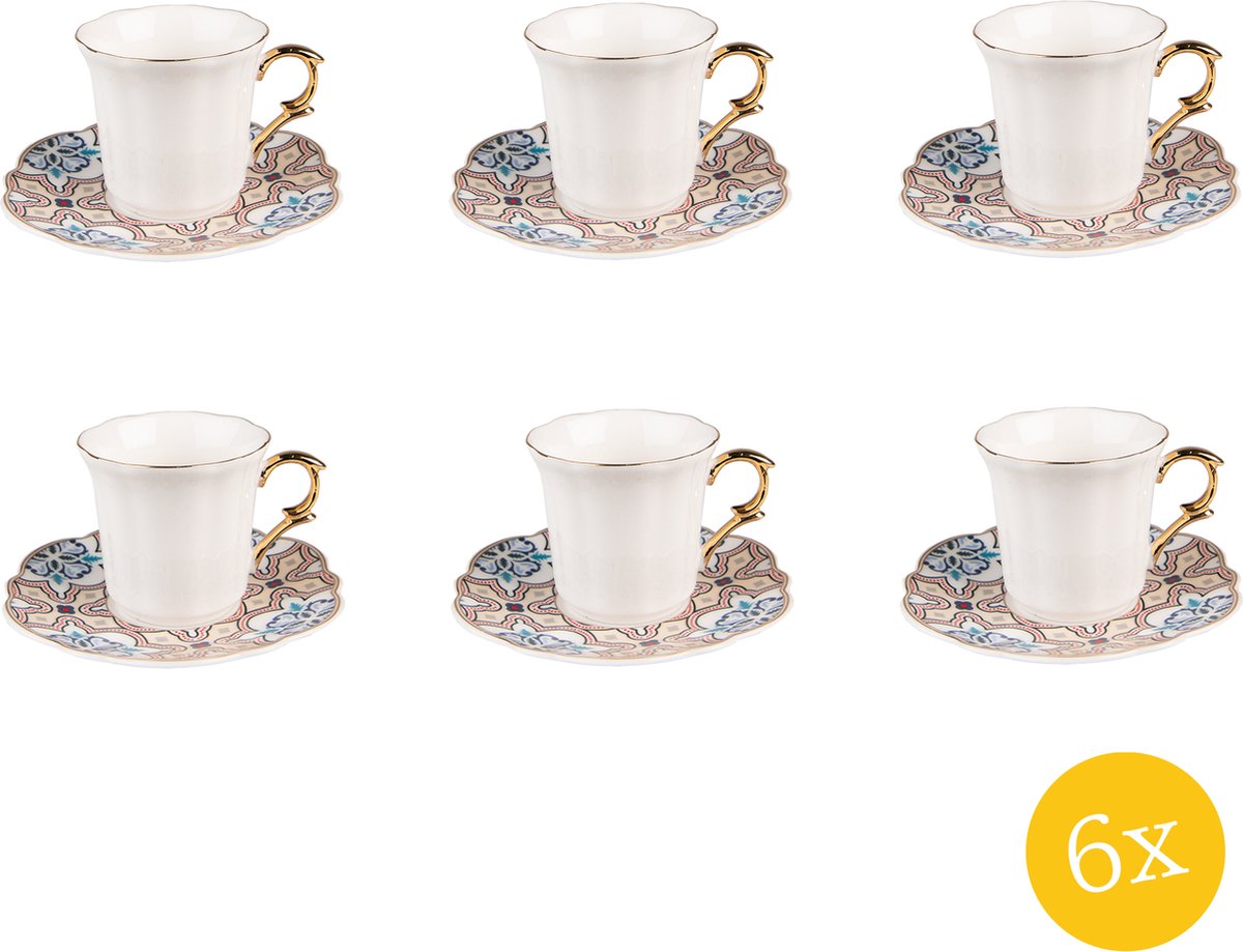 Clayre & Eef Kop en schotel set van 6 stuks schotel 95 ml Wit Beige Porselein Servies