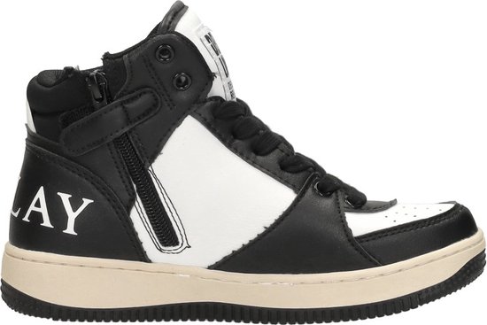 Binnenkant van zwart-witte Replay hoge sneaker met ritssluiting en 'REPLAY' op de hiel.