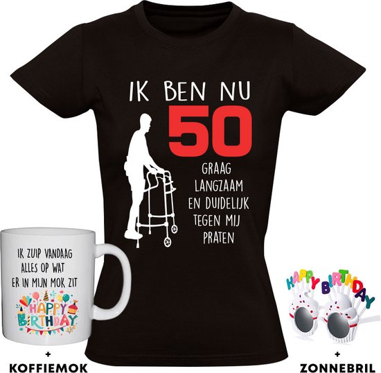 T-shirt femme 50 ans + Mug à café + Lunettes Happy anniversaire - 50ème anniversaire - fête - drôle - anniversaire - cadeau