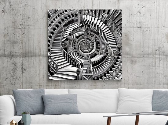 Modern escher schilderij | Visuele illusie: een eigentijdse interpretatie van Eschers meesterwerk | Kunst - 60x60 centimeter op Dibond | Foto op Dibond
