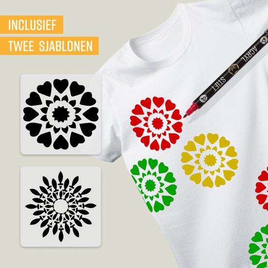Wit T-shirt met rode, gele, groene en rode mandala patronen, gemaakt met NAPI acryl stiften en twee sjablonen.