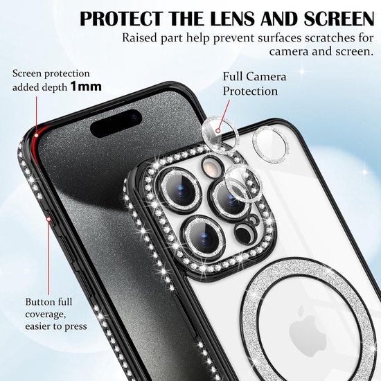 Coque magnétique adaptée pour : iPhone 15 Plus [compatible avec Magsafe] Sparkle Clear Glitter Luxe Antichoc Antidérapant Filles Femmes – Coque en TPU souple – Zwart