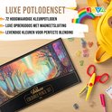 Luxe opbergdoos met 72 Joya Creative kleurpotloden, met een tekening van een boslandschap. Ook een rugzak, schaar en nietjes.