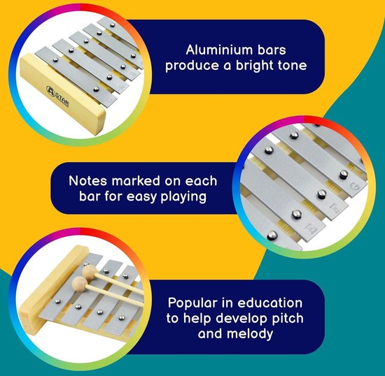 A-Star Kleurrijke Chime Bar Set van 8 Sopraan Diatonische Rainbow Glockenspiel Xylofoon met twee kloppers en effen gele draagtas - C6 tot C7