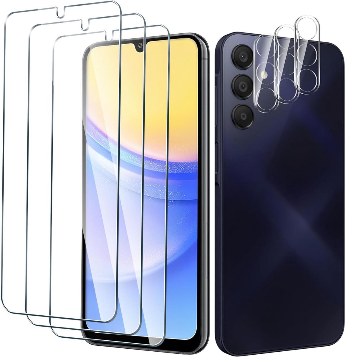 NUVEX Screenprotector en Camera Lens Protector geschikt voor Samsung Galaxy A15 - Gehard Beschermglas Camerprotector - Transparant en Krasbestendig - Tempered Glass Screen Cover - 3 + 3 Stuks