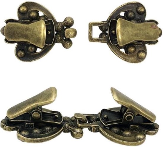 Set van twee vintage kledingclips met haaksluiting, in bronskleur.