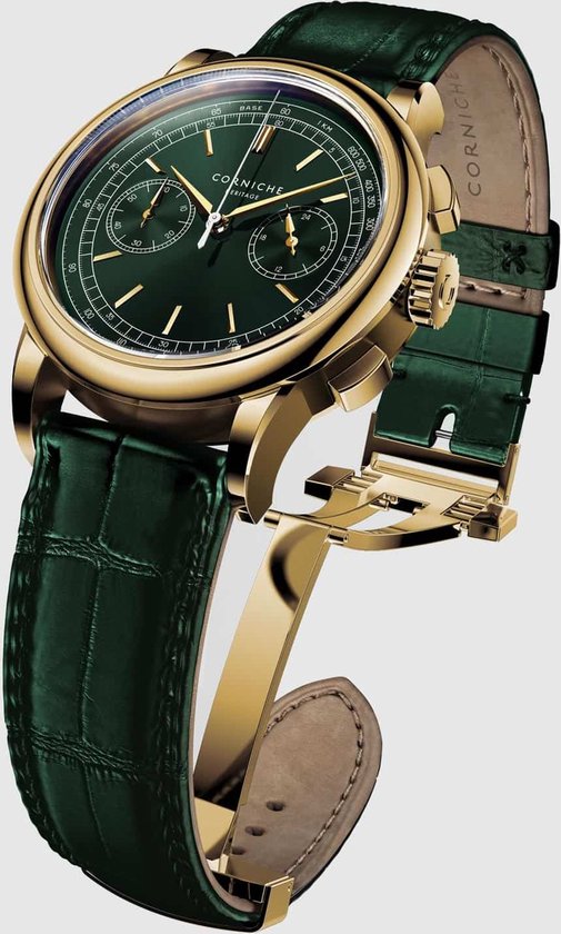 Corniche Heritage Chronograph CRN-016J - Acier Goud - Cuir vert - Fermoir papillon - Étanche 5ATM - Verre saphir - Montre homme