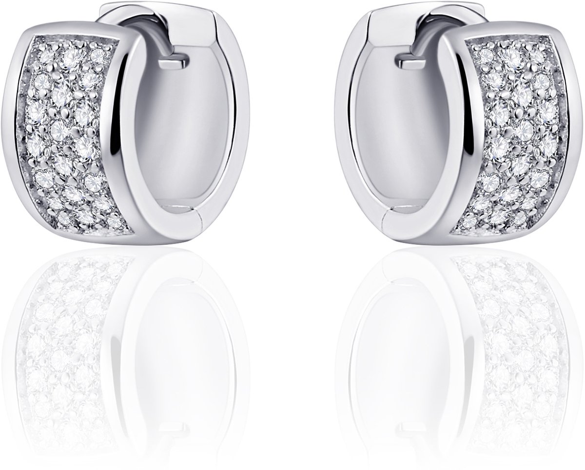 Jewels Inc. - Oorbellen - Oorringen met Scharnier - Vlak gezet met Zirkonia - 7mm Breed - 12mmØ - Gerhodineerd Zilver 925