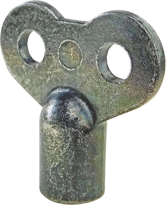 Metalen ontluchtingssleutel met twee ronde gaten aan de bovenkant en een steel.