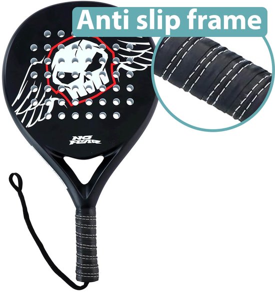 Zwart padelracket met een skull-design en de tekst 'Anti slip frame'.