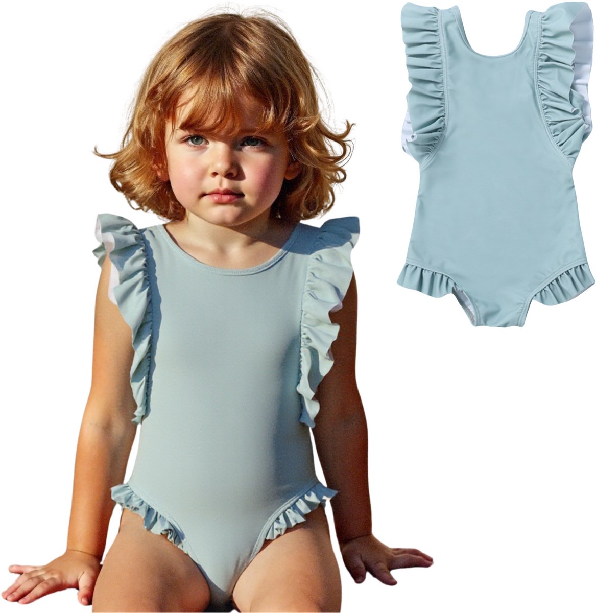 Joya Kids® Badpak Korte Mouw Licht Blauw met Ruches Meisjes | Zwempak met ruches Pof Mouwen | Zwempak Lage Rug Kind | Meisje Bikini Zomer | Kinderbadpak Peuter | Maat L | 2-3 jaar