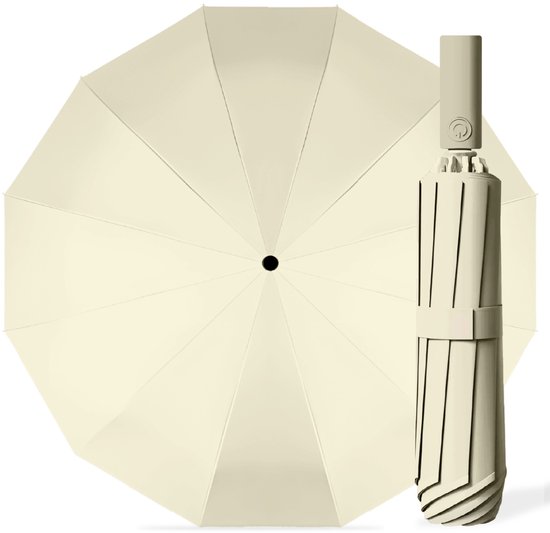 Kaaiman® Stormparaplu Opvouwbaar - Off-White - 12 Panelen - Windproof - UV bescherming - Creme - Beige - Paraplu - 1 Knop bediening - Geschikt voor 2 personen - Beperkte oplage