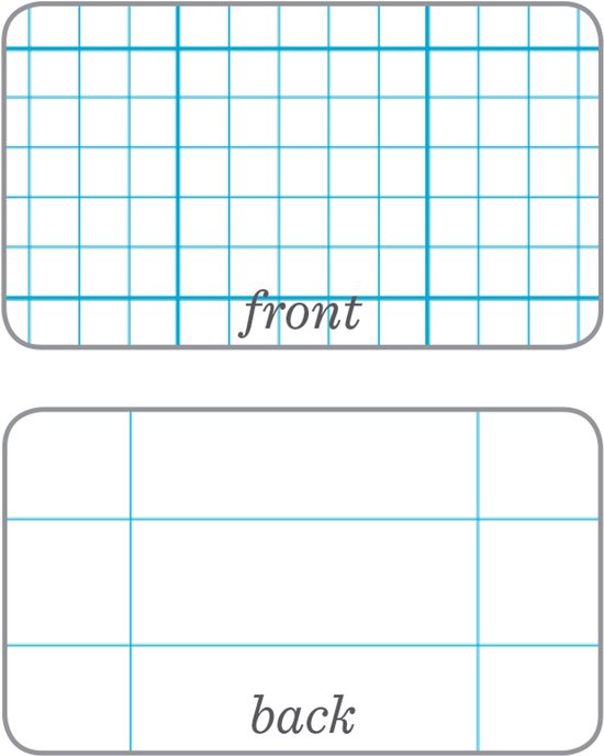 Twee kaarten met een blauw raster: 'front' met grovere lijnen en 'back' met dunnere lijnen.