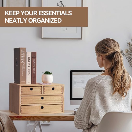 KIGIREN Houten bureau-organizers met laden Thuis Werkruimte Kantoorbenodigdheden Houten Opbergdoos Plank Kast Houdt Make-updoos met 4 Laden Natuurlijk