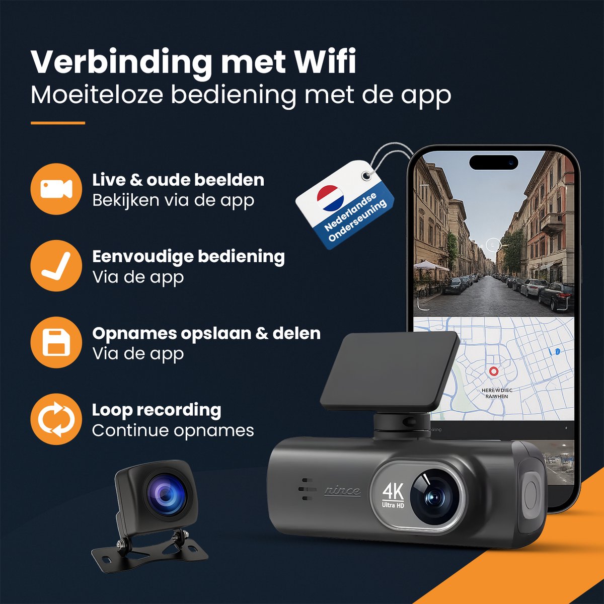Nince Dashcam Voor Auto van Hoge Kwaliteit - Dashcam Full HD 1080P - Voor en Achter – foto 3