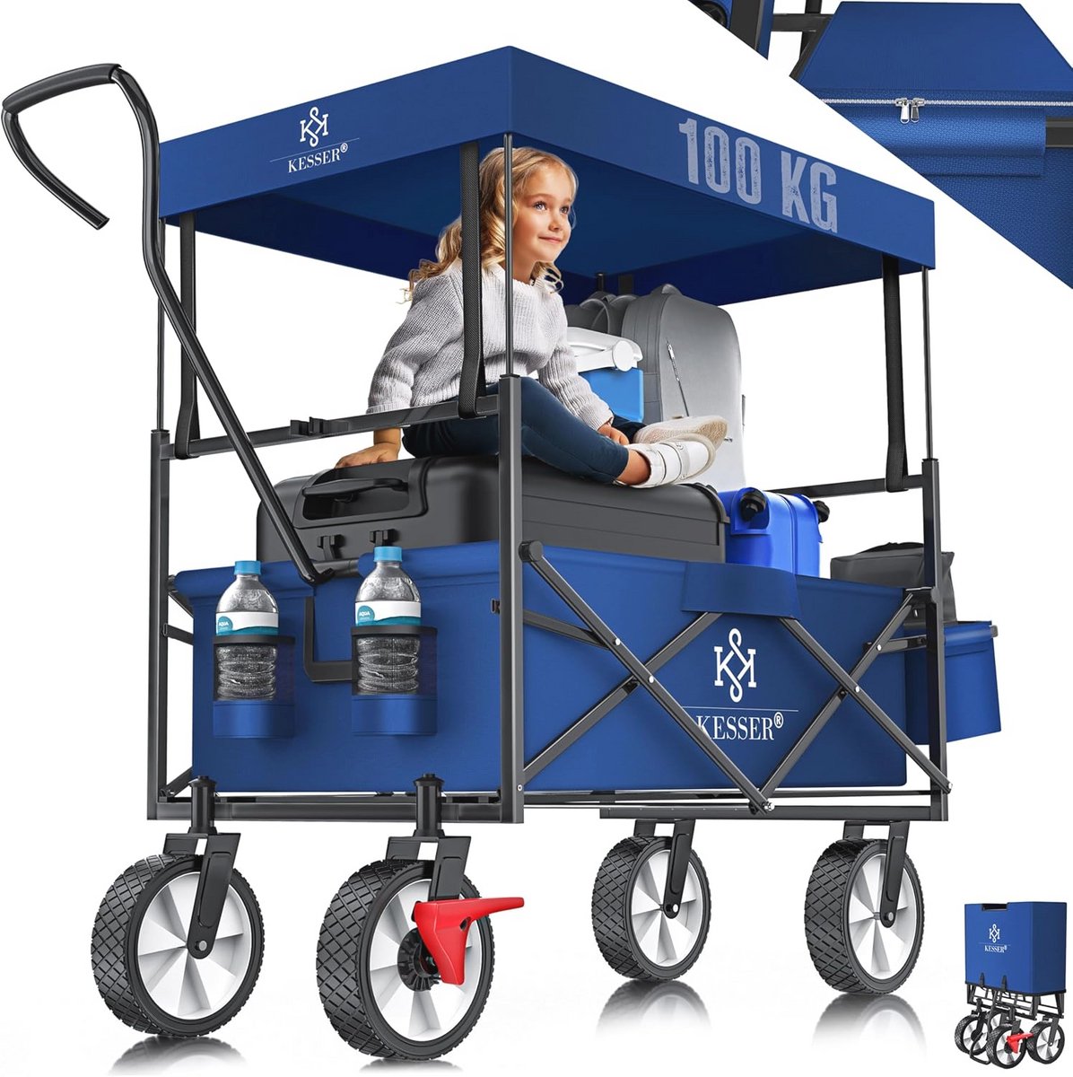 Opvouwbare Bolderkar tot 100 kg | Multifunctionele Strandkar met Voorwielrem en Massieve Banden