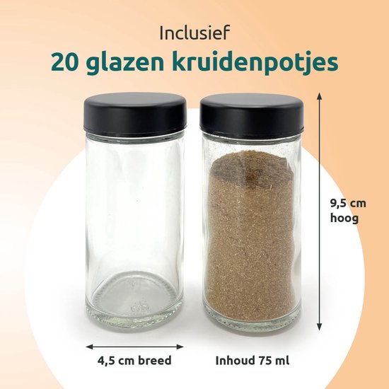 Twee lege en gevulde glazen kruidenpotjes van 9,5 cm hoog en 4,5 cm breed, inhoud 75 ml.