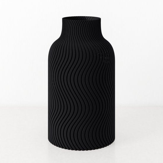Fleuriek Grote Vaas - Zwart - H50cm - Japandi - Wavy patroon vaas - Design vaas van bio kunststof - Hoge vaas binnen