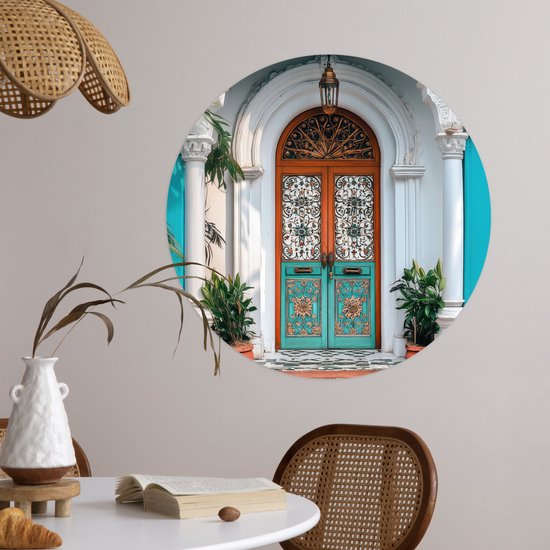 WallCircle® - Papier peint cercle 50x50 cm - Stickers muraux Colonnes - Orné - Porte - Blauw - Cercle mural salon - Cercle mural chambre - Décoration de chambre autocollante - Accessoires de Décoration murale