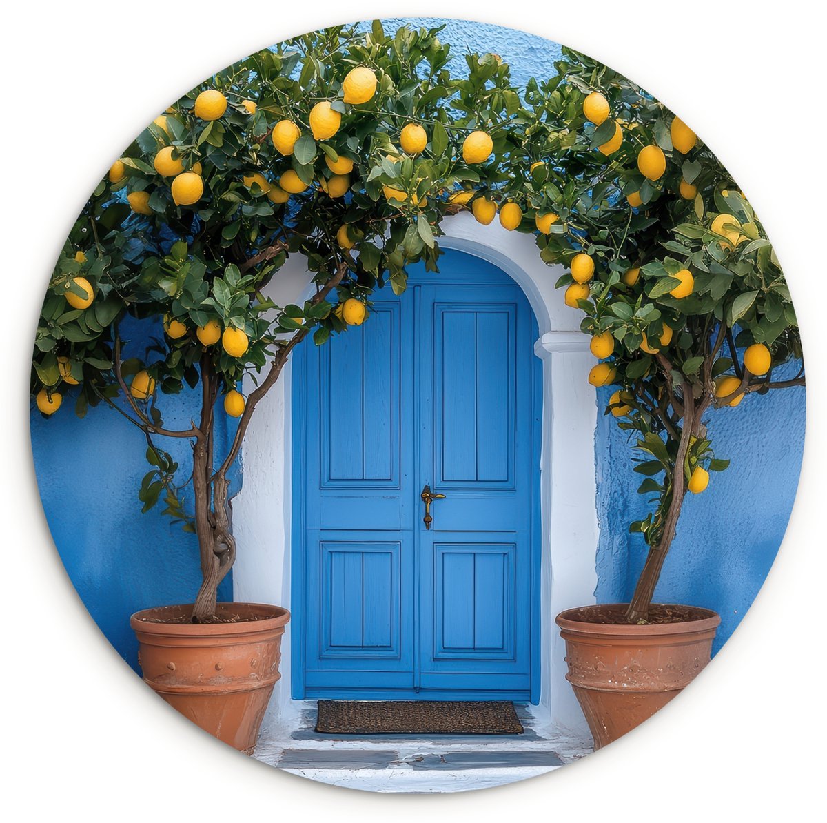 WallCircle Wandcirkel 90x90 cm - Muurcirkel Citroenbomen - Geel - Deur - Potten - Muurdecoratie woonkamer - Wanddecoratie slaapkamer - Kamer decoratie accessoires - Ronde schilderijen Deur - Bloemen