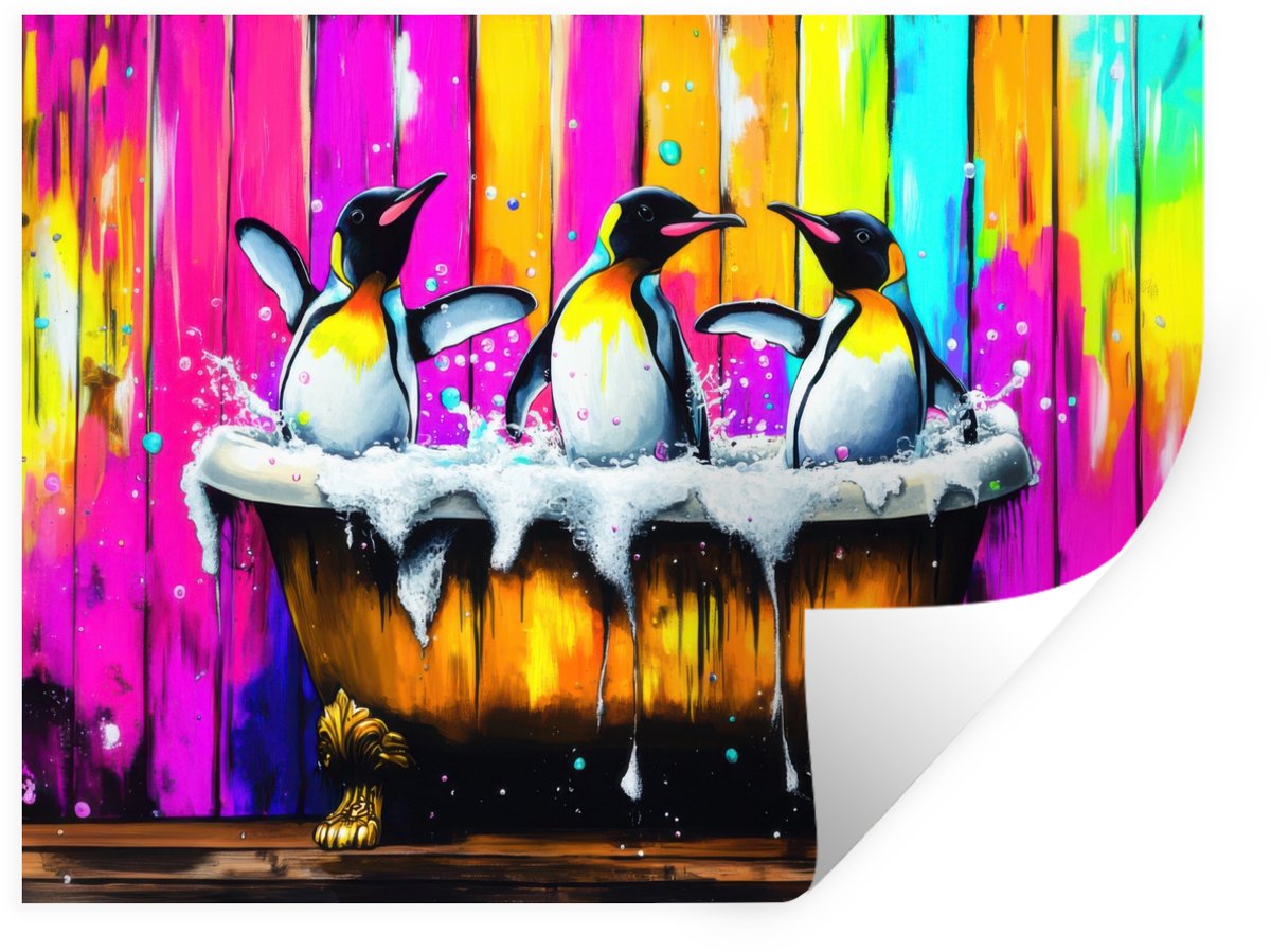 Muurstickers - Sticker Folie - Pinguïns - Badkuip - Kleurrijk - Schuim - 120x90 cm - Plakf