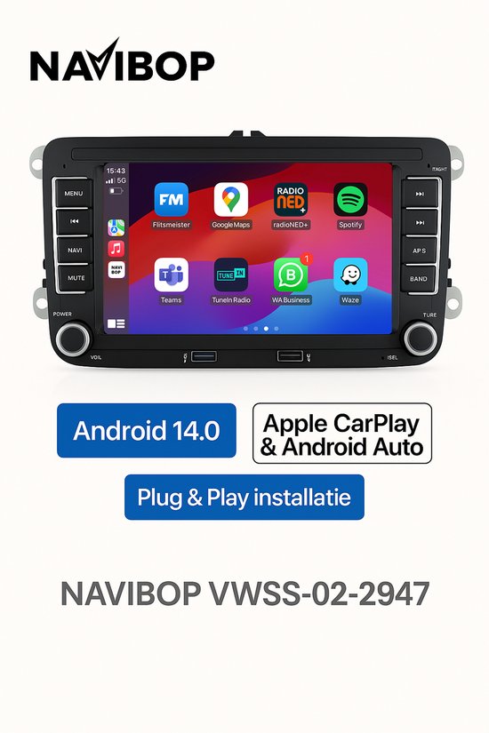 Geschikt voor Volkswagen, Skoda & Seat | 7" Android 14.0 Autoradio | Apple CarPlay & Android Auto | 2GB RAM & 32GB opslag | Draadloze verbinding | HD Touchscreen | FM, AM, DAB+ Radio | Bluetooth handsfree bellen