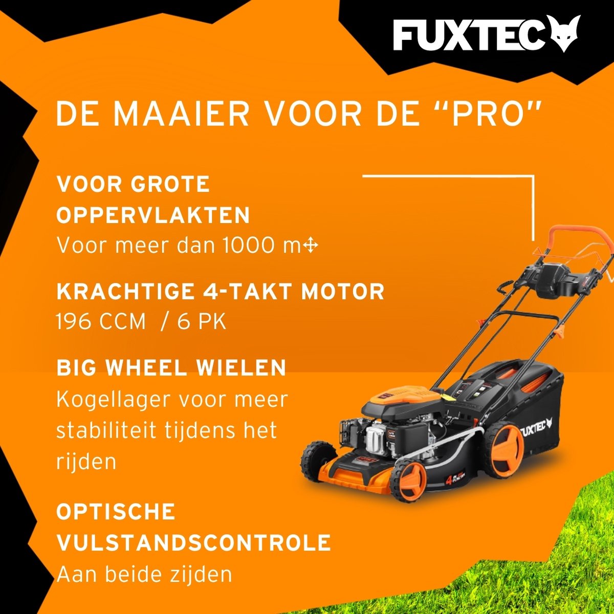 FUXTEC 4-in-1 Benzine Grasmaaier FX-RM5196eSPRO – Elektrische Start – 6 pk – 51 cm Maaibreedte – Flexibele Achterwielaandrijving – 4-Takt – Maaihoogte 25–75 mm – 60 L Grasopvangbak – Mulchfunctie – foto 5