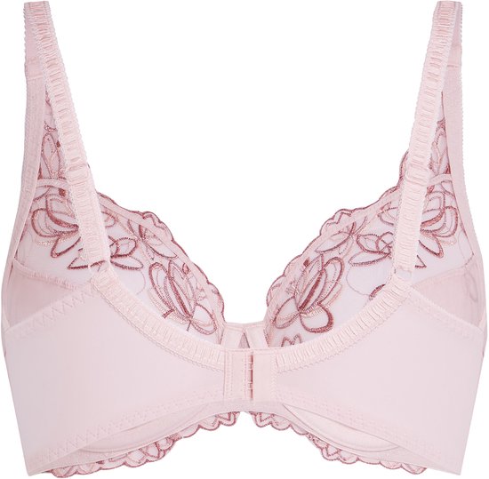 Achterkant van een roze beugelbeha met bloemenbroderie op de cups en een haaksluiting.