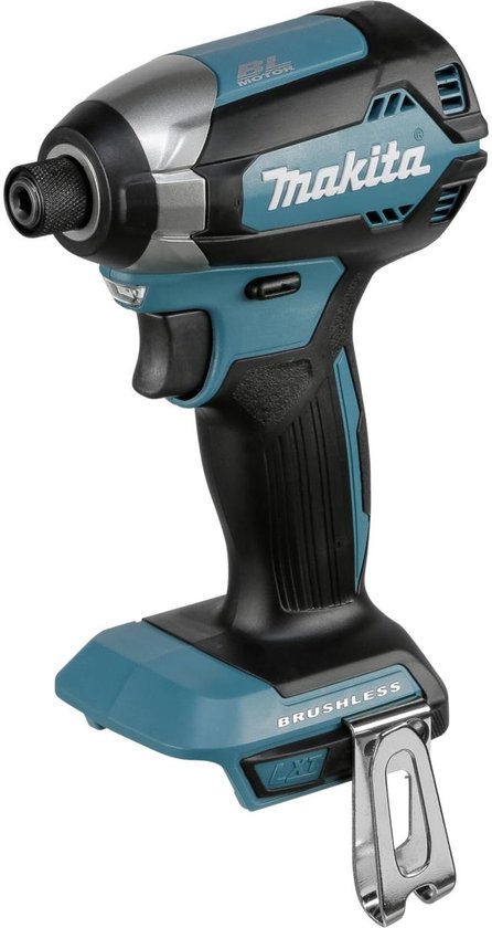 Makita slagschroevendraaier met zwarte grip, turquoise accenten en zilveren details.