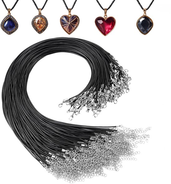 Kurtzy 120 Pack Cordon de Collier en Polyester Ciré Noir avec Chaîne et Fermoir Mousqueton - 50 cm - Corde de Fabrication de Bijoux en DIY Bulk String , Bracelets et Bracelets de Cheville
