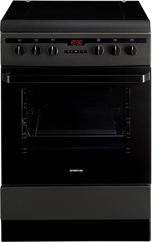 Zwart gasfornuis met oven, digitale klok en vijf knoppen.